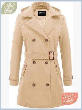 Double Breasted Pea Coat Hooded Long Winter Trench Coat